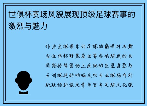 世俱杯赛场风貌展现顶级足球赛事的激烈与魅力